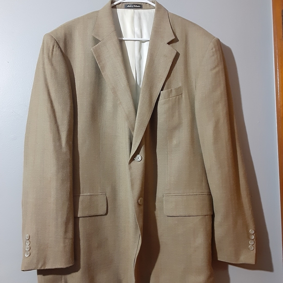 Oscar de la Renta Silk Wool Blwnd Tan Beige StripeBlazer Men's Size 46R Formal